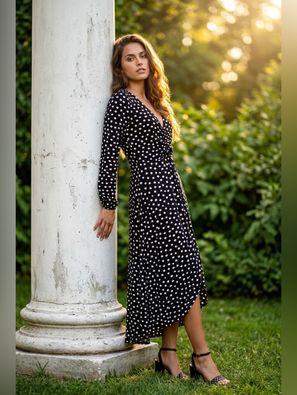 Venus Black White Polka Dot Ruched Maxi Dress Size Medium